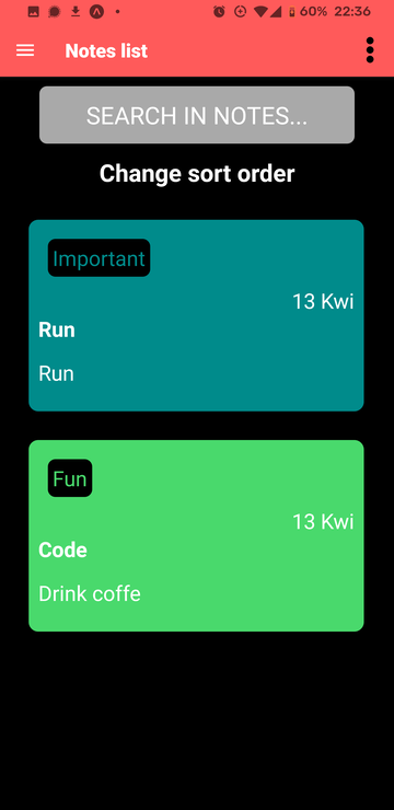 Screenshot of notes list